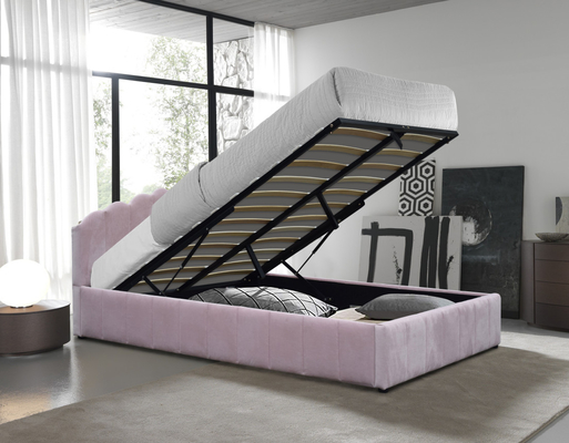 Letto contenitore imbottito con alzata a gas, misura matrimoniale, colore rosa, tessuto felpato in velluto