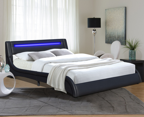 Cornice di letto imbottita a Led in pelle finta nera con testina regolabile