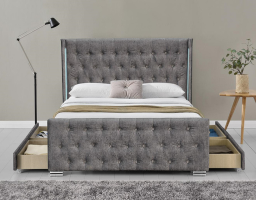 Re Size Wood Sliver Grey Crushed Velvet With Headboard del letto di Wing Back Ottoman Tufted Storage