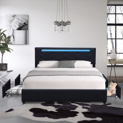 Cassetto di cuoio del metallo quattro del Faux del nero della struttura ricoperto regina del letto di piattaforma con la luce del LED