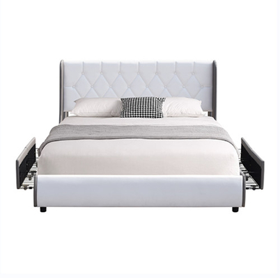Letto di cuoio trapuntato di stoccaggio di Grey And White Four Drawer della luce della struttura del letto dell'unità di elaborazione