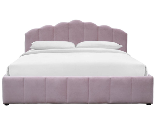 Letto contenitore imbottito con alzata a gas, misura matrimoniale, colore rosa, tessuto felpato in velluto