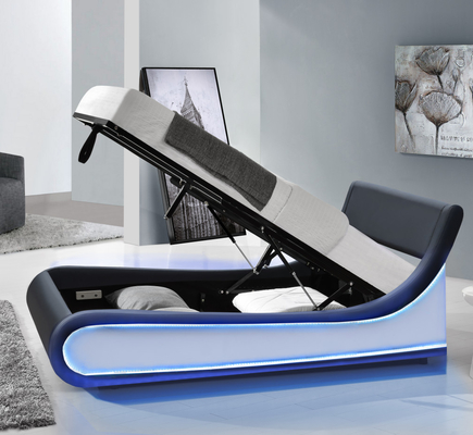 Letto matrimoniale king size LED imbottito moderno in ecopelle nera