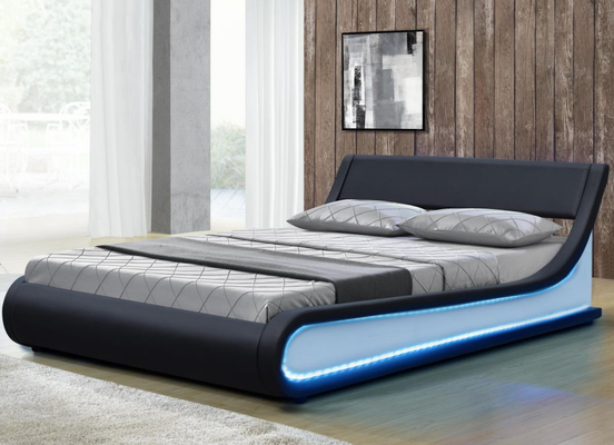 Letto matrimoniale king size LED imbottito moderno in ecopelle nera