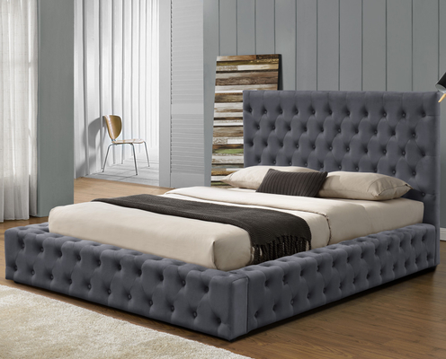 Struttura letto ottomana in tessuto grigio king size imbottita con testiera a bottoni
