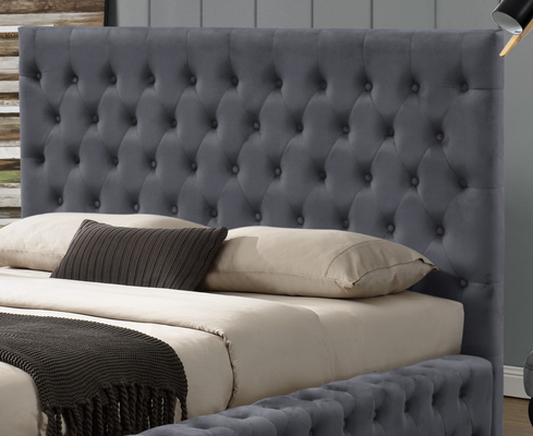 Struttura letto ottomana in tessuto grigio king size imbottita con testiera a bottoni