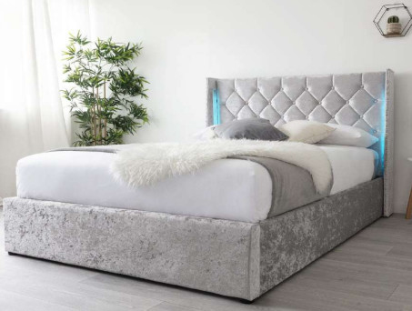Letto queen size in compensato di velluto riccio grigio con testiera luminosa a LED su entrambi i lati