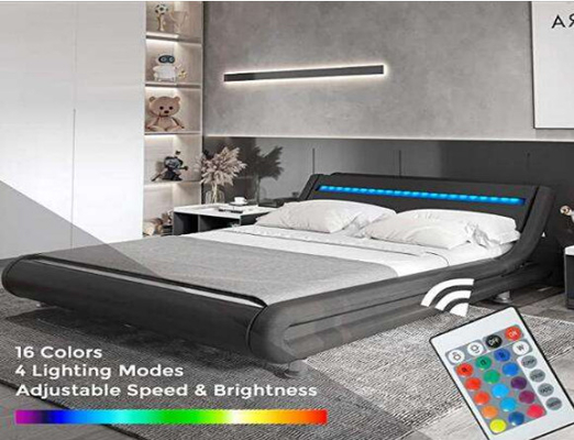 Doppio letto di piattaforma ricoperto nero del tessuto della biancheria da letto con la luce del LED