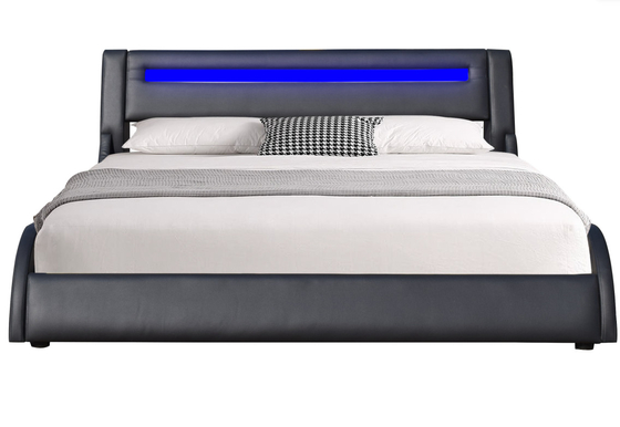 Cornice di letto imbottita a Led in pelle finta nera con testina regolabile