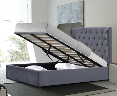 Grandezza Re 500lbs Gas Lift Letto di Stoccaggio Grigio Tessuto di velluto Buttoni Tufted sulla testata