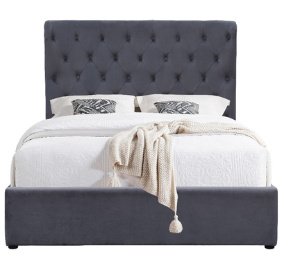 Grandezza Re 500lbs Gas Lift Letto di Stoccaggio Grigio Tessuto di velluto Buttoni Tufted sulla testata