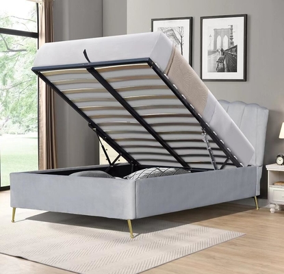 Double Size Bsci Lift Storage Bed Frame Elegante Tessuto di velluto grigio ottomano