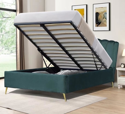 Letto di stoccaggio per ascensore a gas ottomano in tessuto blu velluto con quattro piedi d'oro