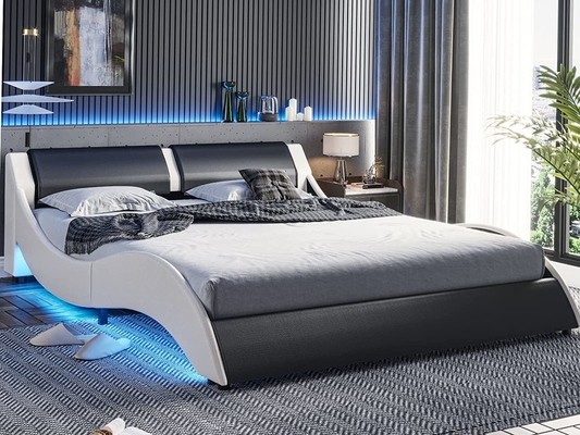 Letto imbottito con testa di cuoio in PU, telaio da letto in piattaforma in PU con luci LED