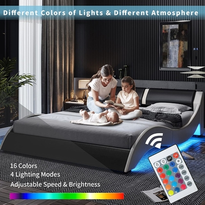 Letto imbottito con testa di cuoio in PU, telaio da letto in piattaforma in PU con luci LED
