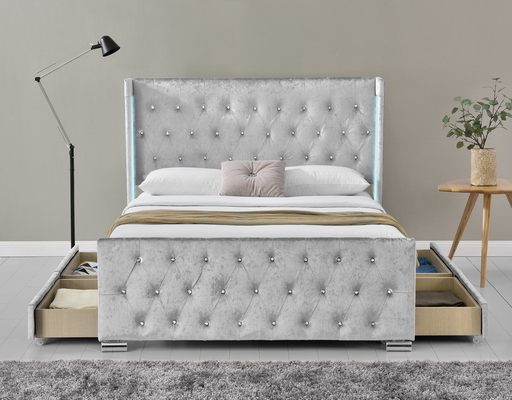 Cornice di letto completo con pulsante imbottito, testa del letto a ciuffo, supporto di lamiere di legno