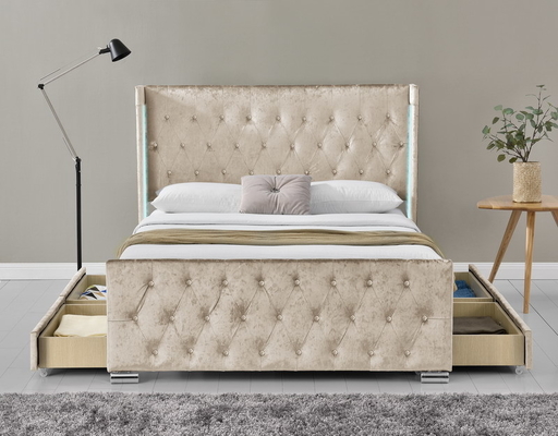 Cornice di letto completo con pulsante imbottito, testa del letto a ciuffo, supporto di lamiere di legno