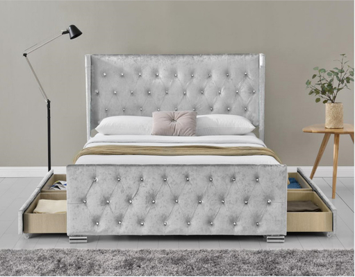 Re Size Wood Sliver Grey Crushed Velvet With Headboard del letto di Wing Back Ottoman Tufted Storage