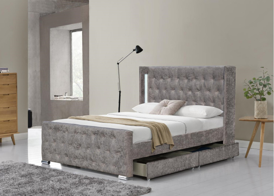 Re Size Wood Sliver Grey Crushed Velvet With Headboard del letto di Wing Back Ottoman Tufted Storage