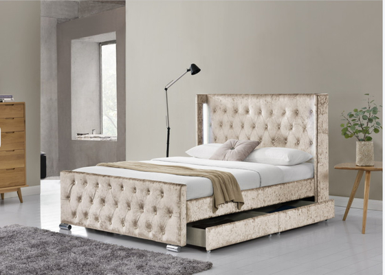 Re Size Wood Sliver Grey Crushed Velvet With Headboard del letto di Wing Back Ottoman Tufted Storage