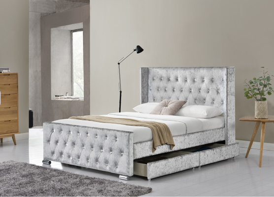 Re Size Wood Sliver Grey Crushed Velvet With Headboard del letto di Wing Back Ottoman Tufted Storage